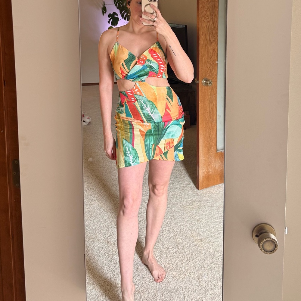Cider Tropical Cutout Mini Dress in Yellow, Green, Red